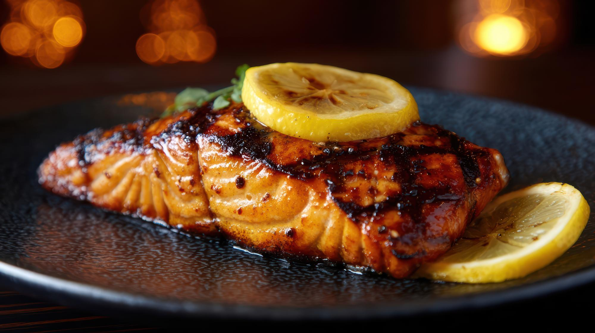 Ginger and calamansi grilled fish served with rice, mango, cucumber and fresh greens